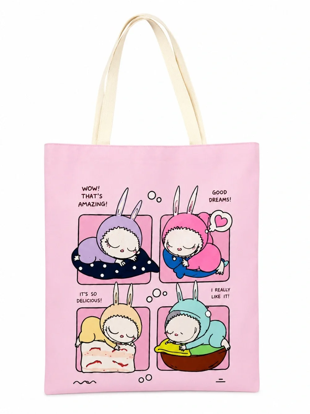 Cute Sleeping Bunny Cartoon Tote Bag 13” x 14” Reusable Canvas Shoulder Bag